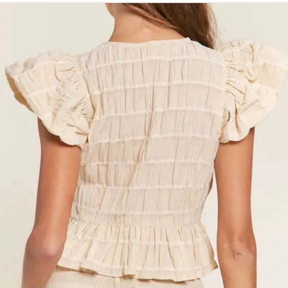 IN THE BEGINNING Blouse Beige Babydoll Flutter Sleeve Button Smock Top Medium - Picture 2 of 12